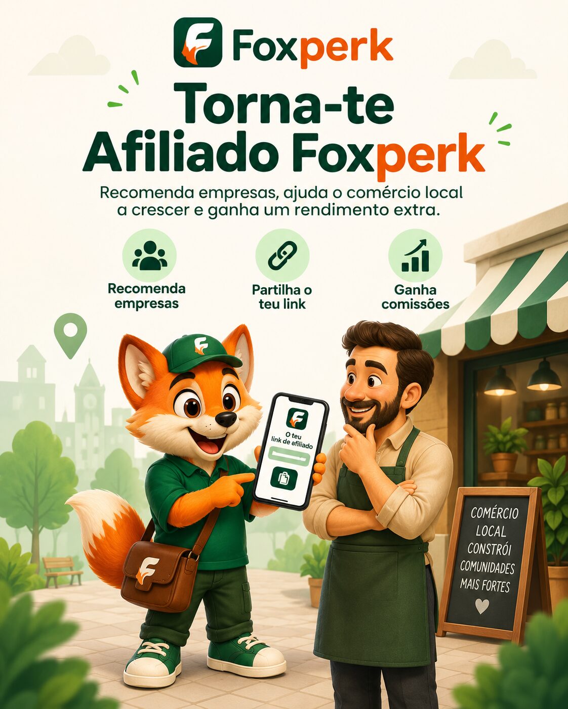 Foxperk - Afiliados Mascote Foxperk apresenta um link de afiliado a um comerciante, ilustrando a recomendação de empresas locais e a possibilidade de ganhar comissões.